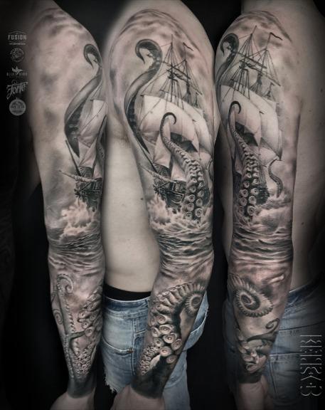 realistic kraken tattoo arm sleeve