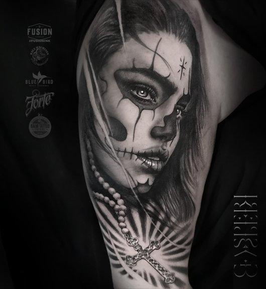 Santa Muerte realistic arm tattoo